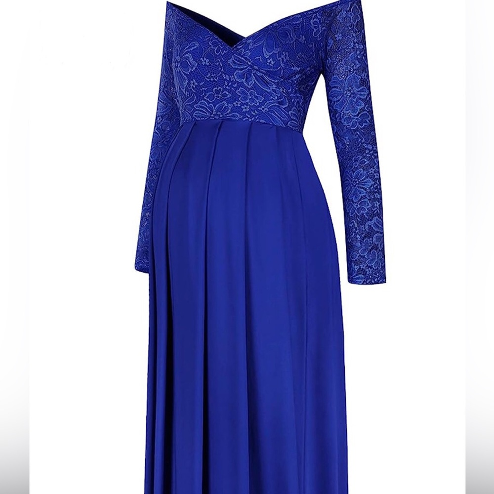 Molliya -XL Blue Maternity - Lace Long-Sleeve, Off-Shoulder, Stretchy Maxi Dress